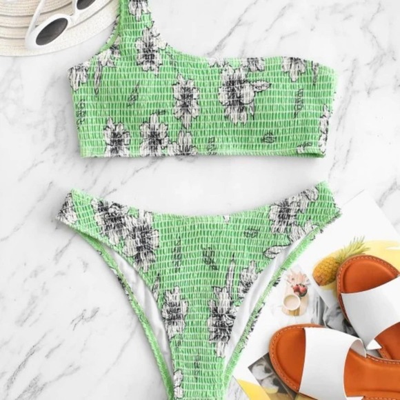 Floral green padded smocked one shoulder high waist bikini Sz M - Picture 1 of 5